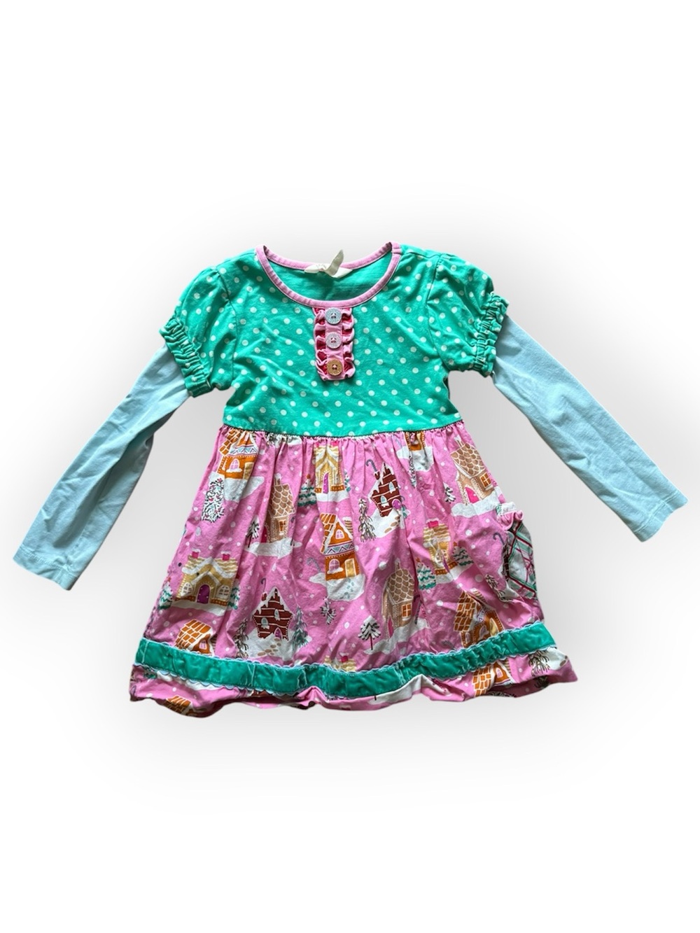 Matilda Jane Gingerbread Christmas Girls Pink & Teal Layered Long-Sleeve Dress